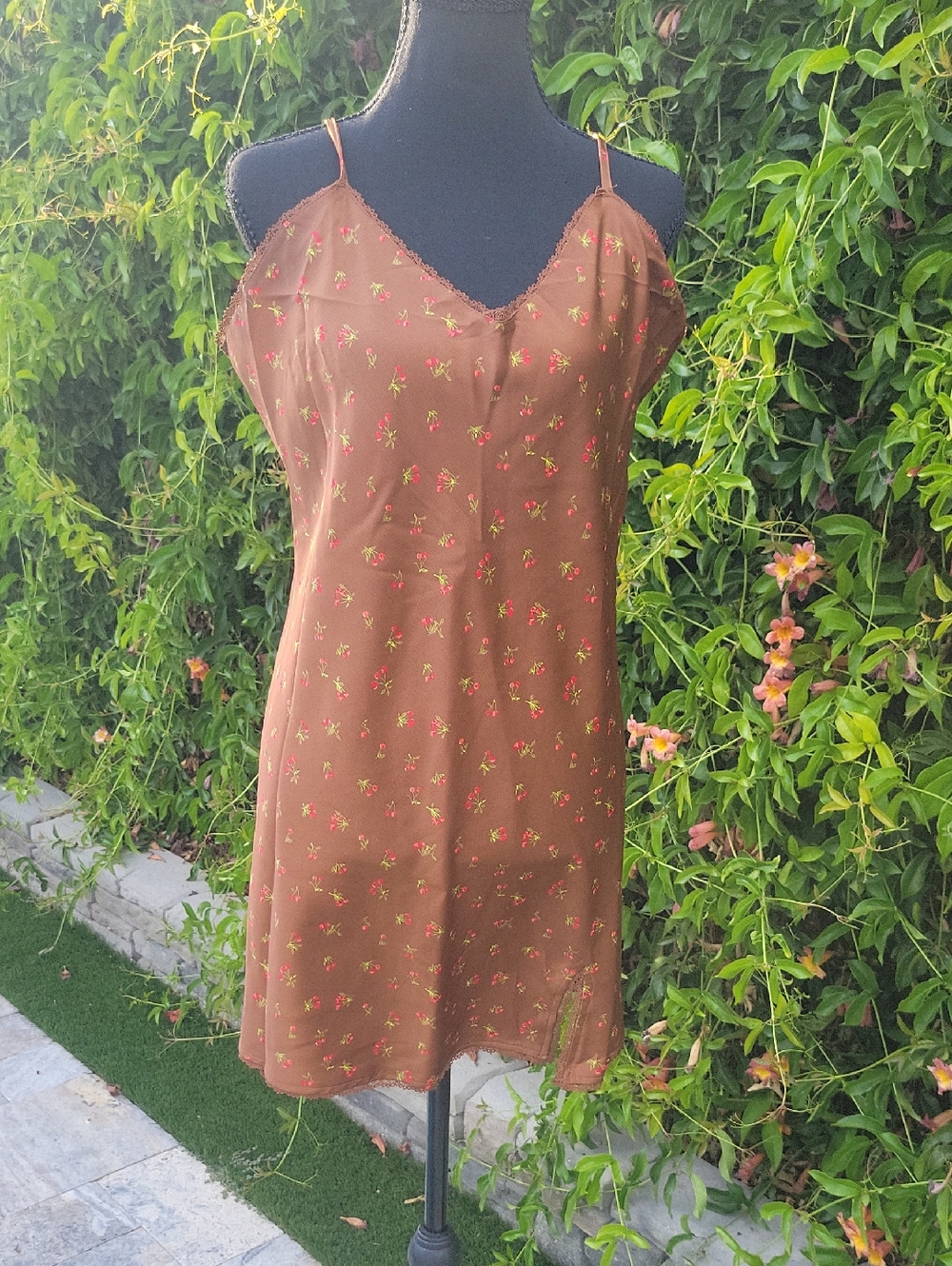 Y2K Retro 90s Brown Satin Cherry Print Mini Slip Dress With Lace Detail L